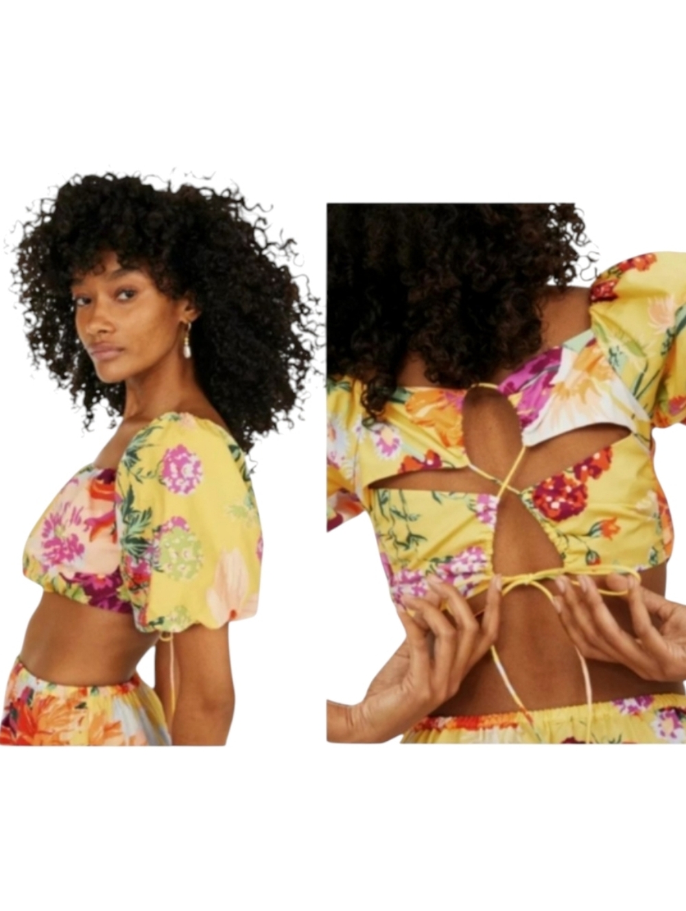 H&M Floral Balloon Sleeve Crop Top Yellow Purple Orange XL NWT Festival Boho